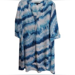 Zac & Rachel Womens Blouse Swim Cover Tie Dye Blue Silky Boho Wave Roll Sleeve L